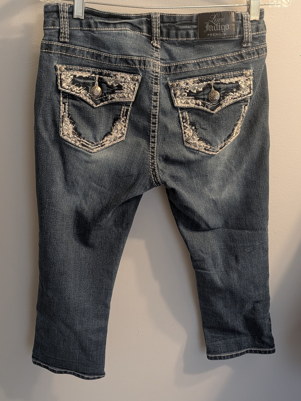 Y2K Style Love Indigo Dark Blue Cropped Embroidered Pocket Denim Cotton Jeans